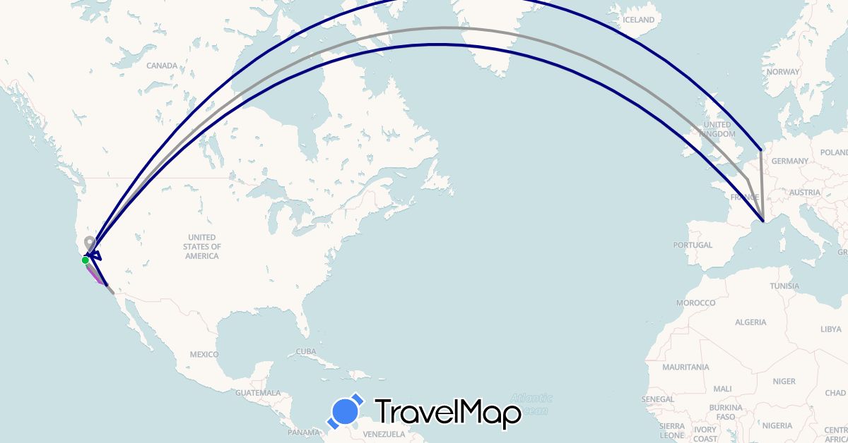 TravelMap itinerary: driving, bus, plane, train in France, Netherlands, United States (Europe, North America)